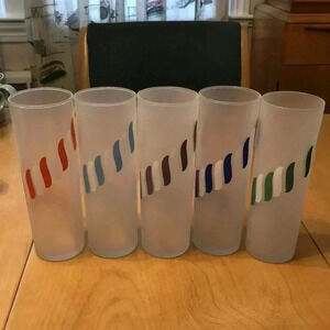 Set of 5 MCM vintage Libbey candy striped swirl tonic hi-ball bar glasses.